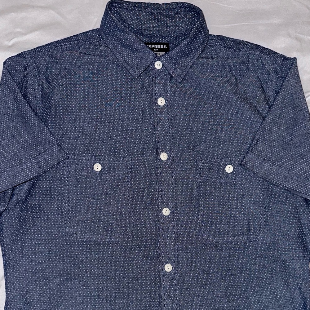 Express, size small, fitted, blue, with small polk a dot pattern